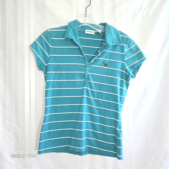 ENERGIE GIRLS TOP 3-BUTTON FRONT COLLAR SHORT SLEEVES TEAL WHITE STRIPE SIZE LG - Picture 1 of 10